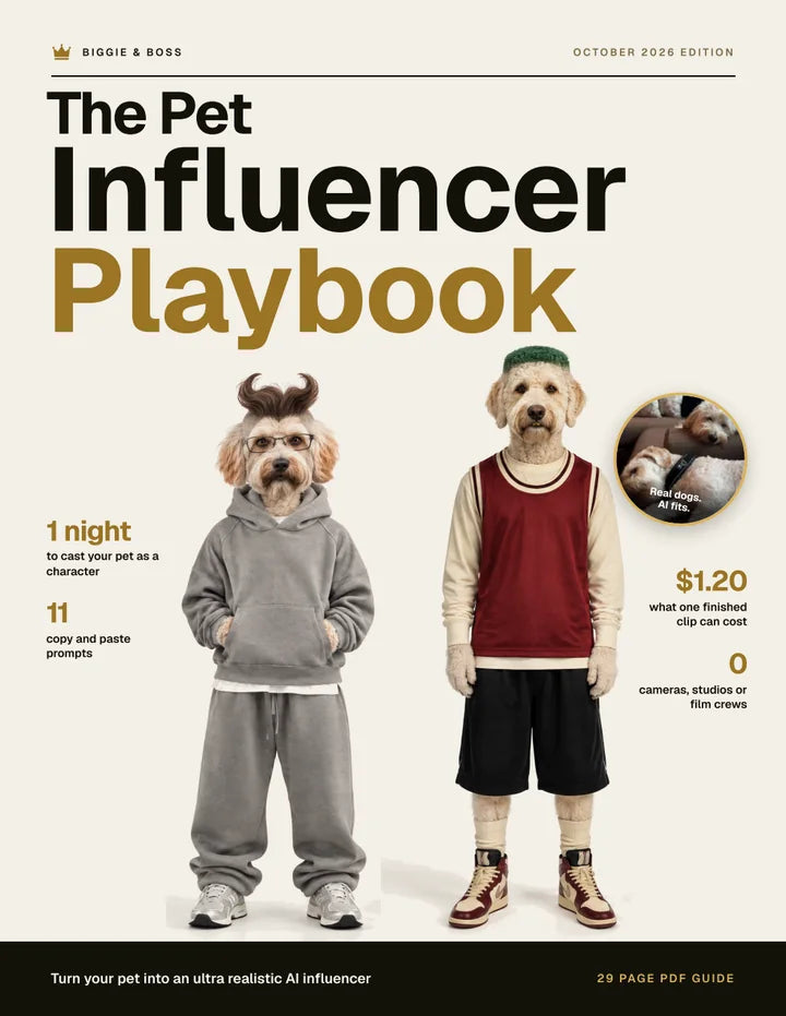 Cover of The Pet Influencer Playbook PDF, showing Boss and Biggie as real dogs and as their AI characters