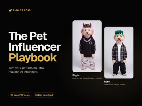 The Pet Influencer Playbook by Biggie & Boss, with Biggie in a Chrome Hearts hoodie and diamond chain and Boss with green curls, flannel and shades